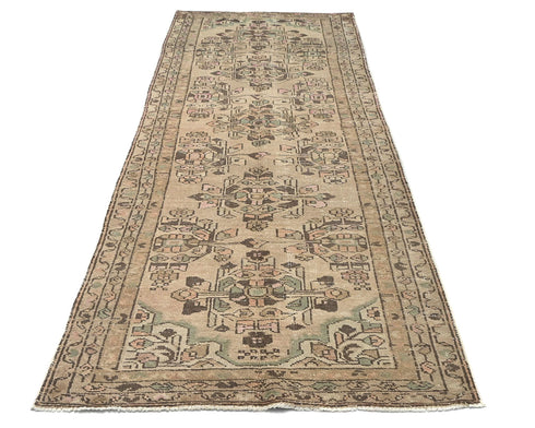 10 Ft Vintage Brown Persian Style Hand Knotted Low Pile Wool Runner Rug
